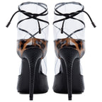 Black Leopard Print Stiletto Heels - Sexy Clear Strap Lace Up Peep Toe Pumps for Women - Styeenigma