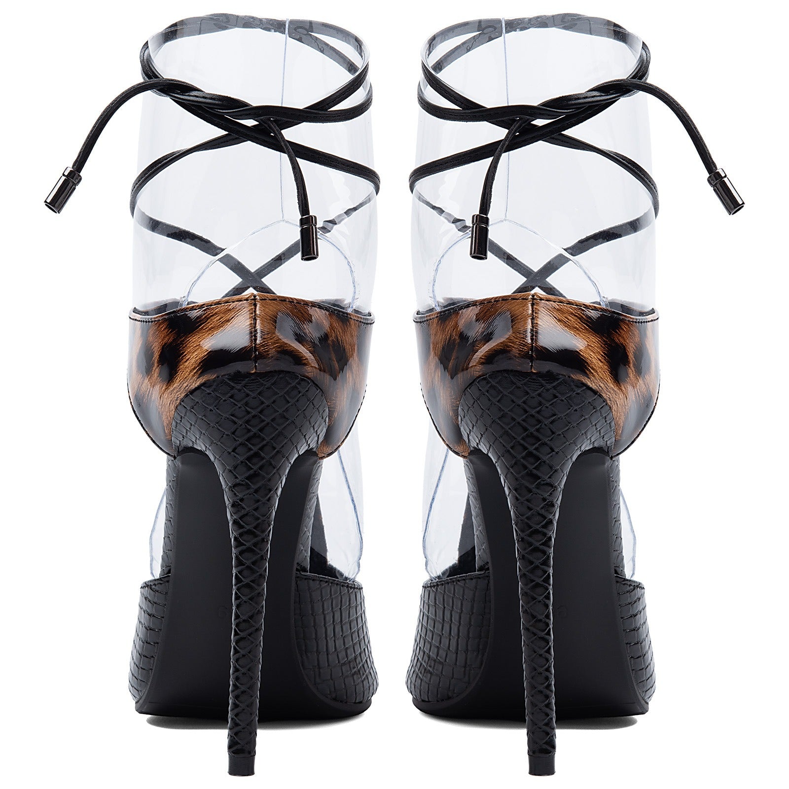 Black Leopard Print Stiletto Heels - Sexy Clear Strap Lace Up Peep Toe Pumps for Women - Styeenigma