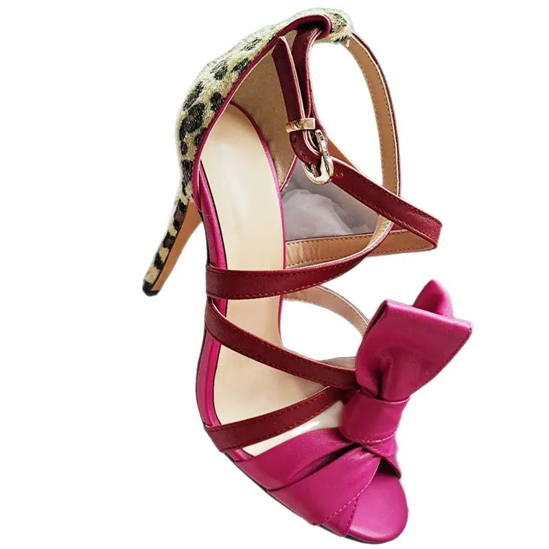 Rose Bow Leopard Print Stiletto Sandals Women's Strappy Heels