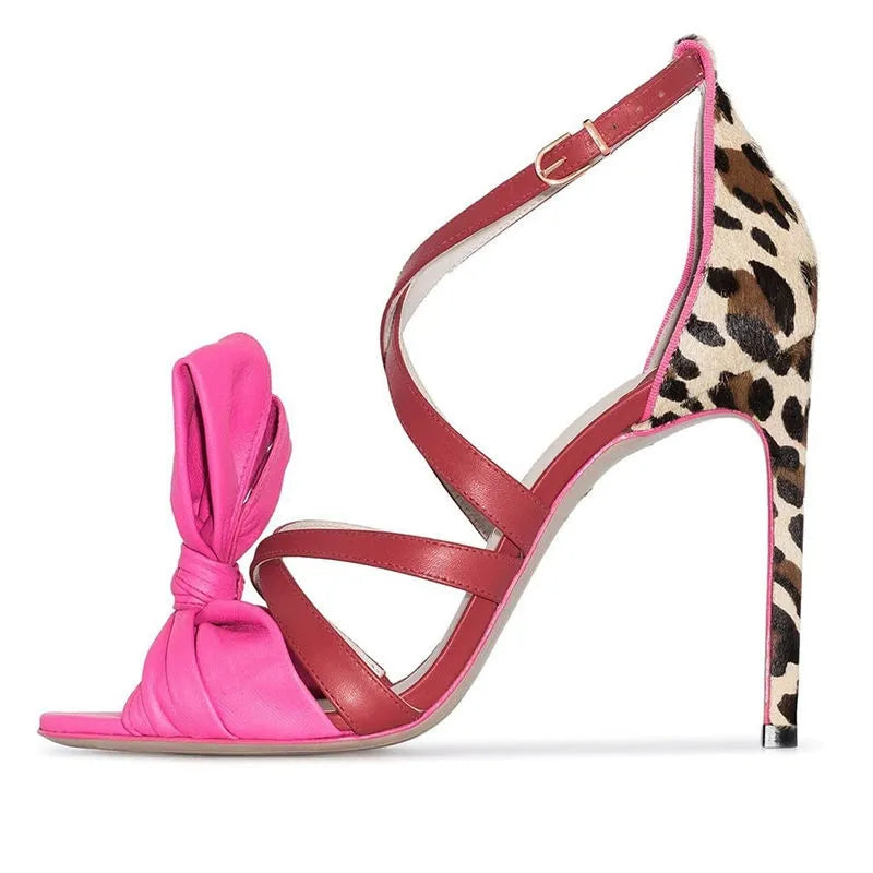 Rose Bow Leopard Print Stiletto Sandals Women's Strappy Heels