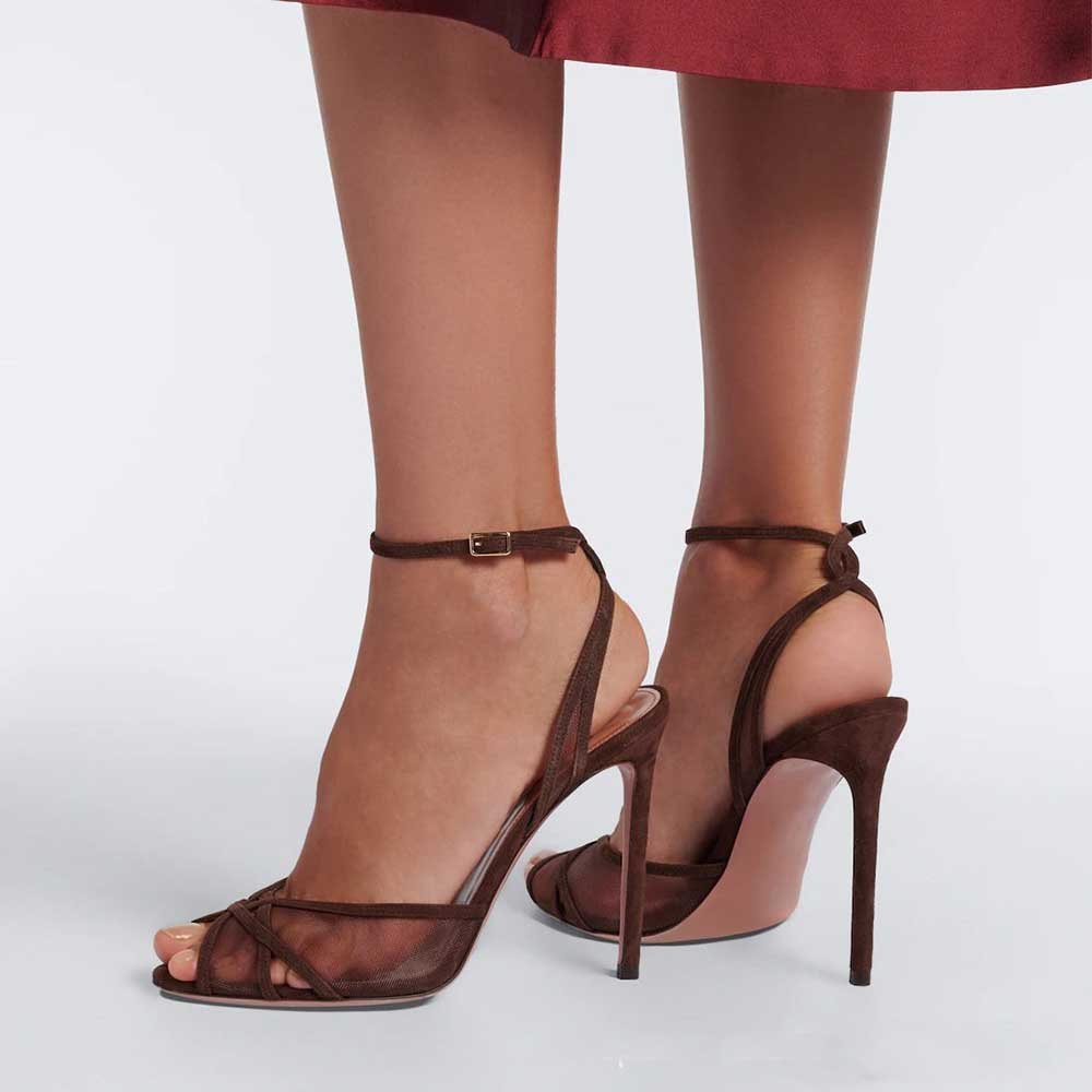 Suede Mesh Sandals Women's Strappy Stiletto Heels | Trendy Evening Shoes - Styeenigma