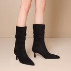 Women’s Suede Kitten Heel Slouch Boots – Pointed Toe Mid Calf Booties