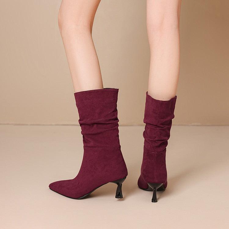 Women’s Suede Kitten Heel Slouch Boots – Pointed Toe Mid Calf Booties