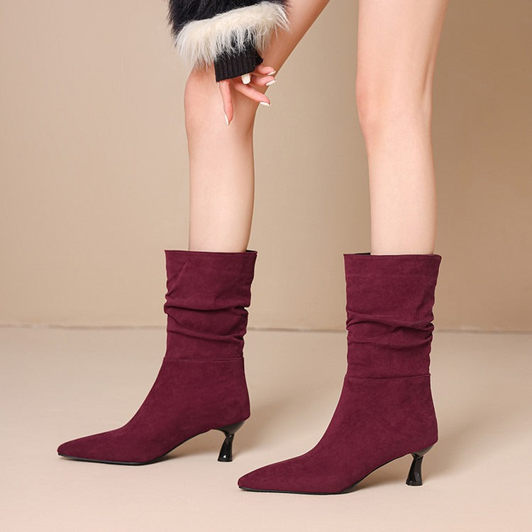Women’s Suede Kitten Heel Slouch Boots – Pointed Toe Mid Calf Booties