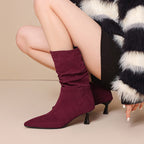 Women’s Suede Kitten Heel Slouch Boots – Pointed Toe Mid Calf Booties