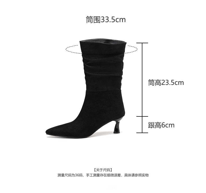 Women’s Suede Kitten Heel Slouch Boots – Pointed Toe Mid Calf Booties
