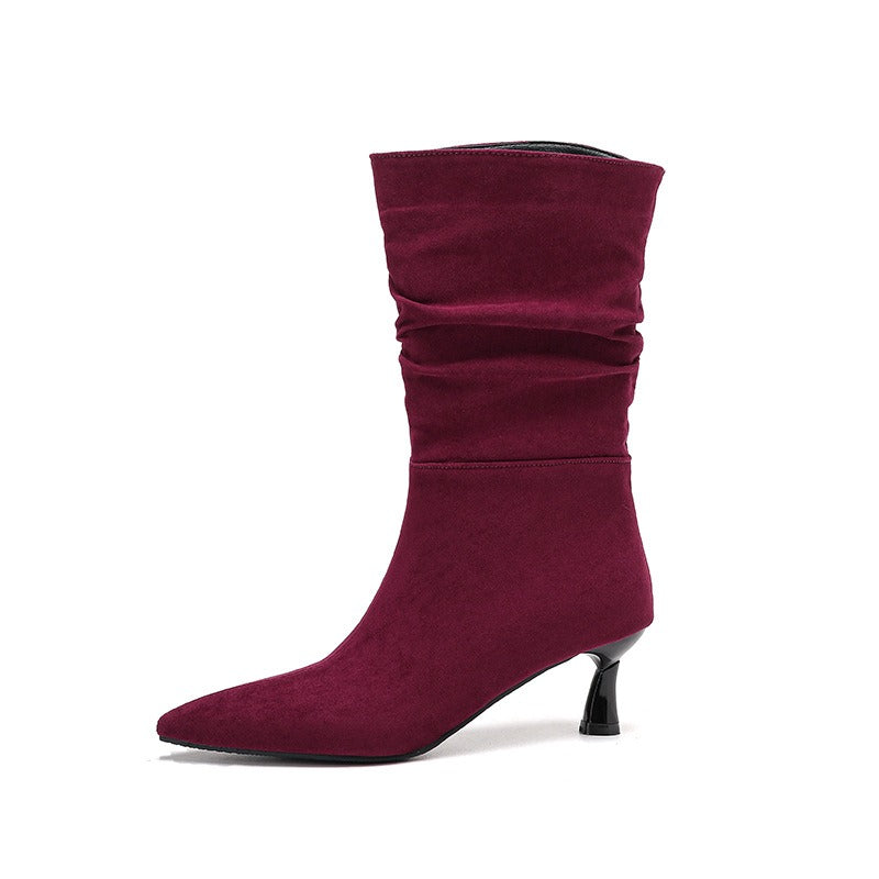 Women’s Suede Kitten Heel Slouch Boots – Pointed Toe Mid Calf Booties