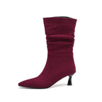 Women’s Suede Kitten Heel Slouch Boots – Pointed Toe Mid Calf Booties
