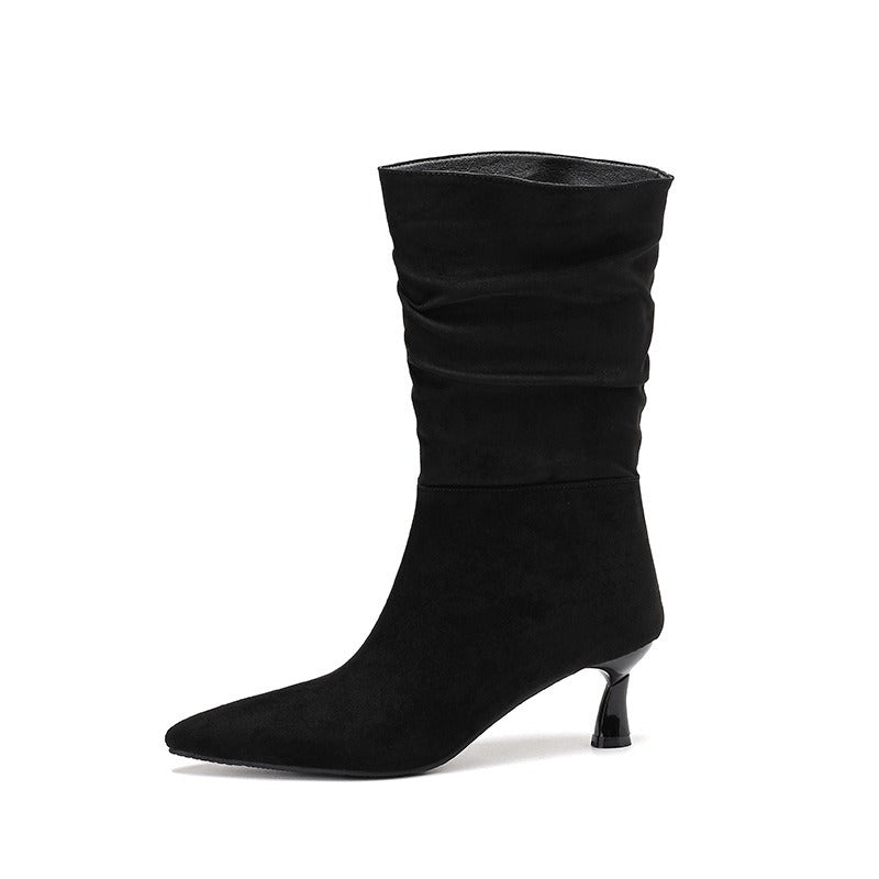Women’s Suede Kitten Heel Slouch Boots – Pointed Toe Mid Calf Booties - Styeenigma