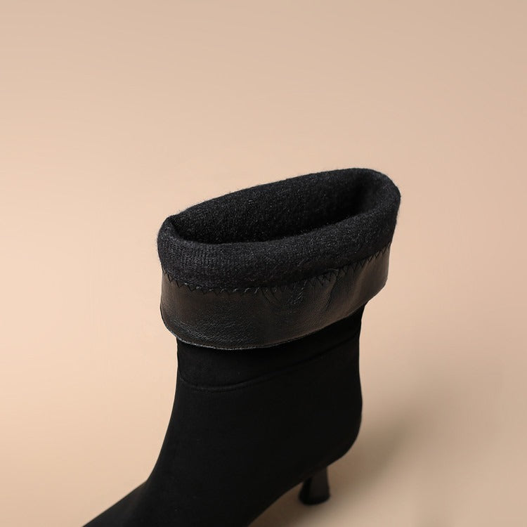 Women’s Suede Kitten Heel Slouch Boots – Pointed Toe Mid Calf Booties