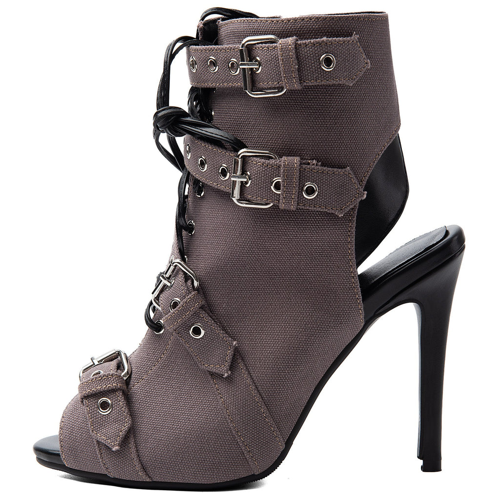 Women's Suede Peep Toe Short Boots Stiletto Heel Lace Up Ankle Booties with Buckles - Styeenigma