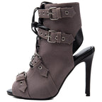 Women's Suede Peep Toe Short Boots Stiletto Heel Lace Up Ankle Booties with Buckles - Styeenigma