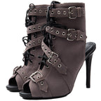 Women's Suede Peep Toe Short Boots Stiletto Heel Lace Up Ankle Booties with Buckles - Styeenigma
