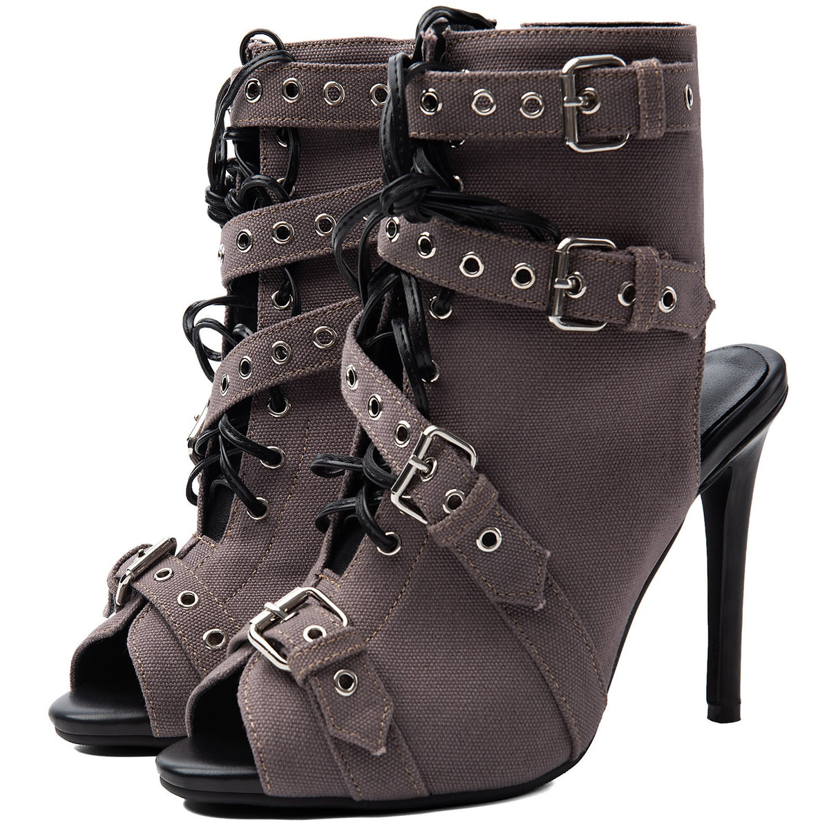 Women's Suede Peep Toe Short Boots Stiletto Heel Lace Up Ankle Booties with Buckles - Styeenigma