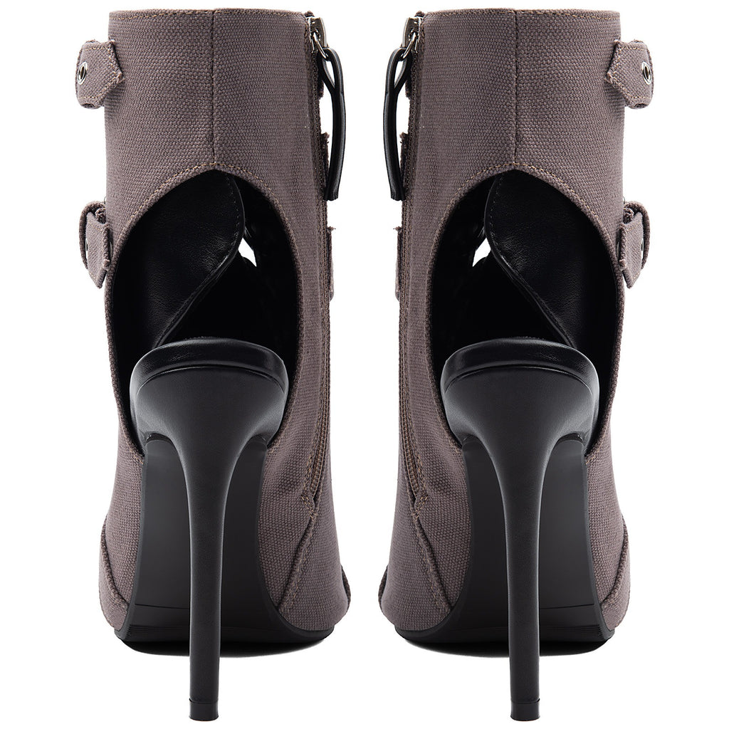 Women's Suede Peep Toe Short Boots Stiletto Heel Lace Up Ankle Booties with Buckles - Styeenigma
