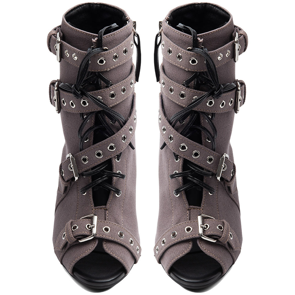 Women's Suede Peep Toe Short Boots Stiletto Heel Lace Up Ankle Booties with Buckles - Styeenigma