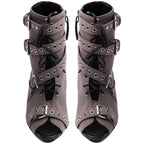 Women's Suede Peep Toe Short Boots Stiletto Heel Lace Up Ankle Booties with Buckles - Styeenigma
