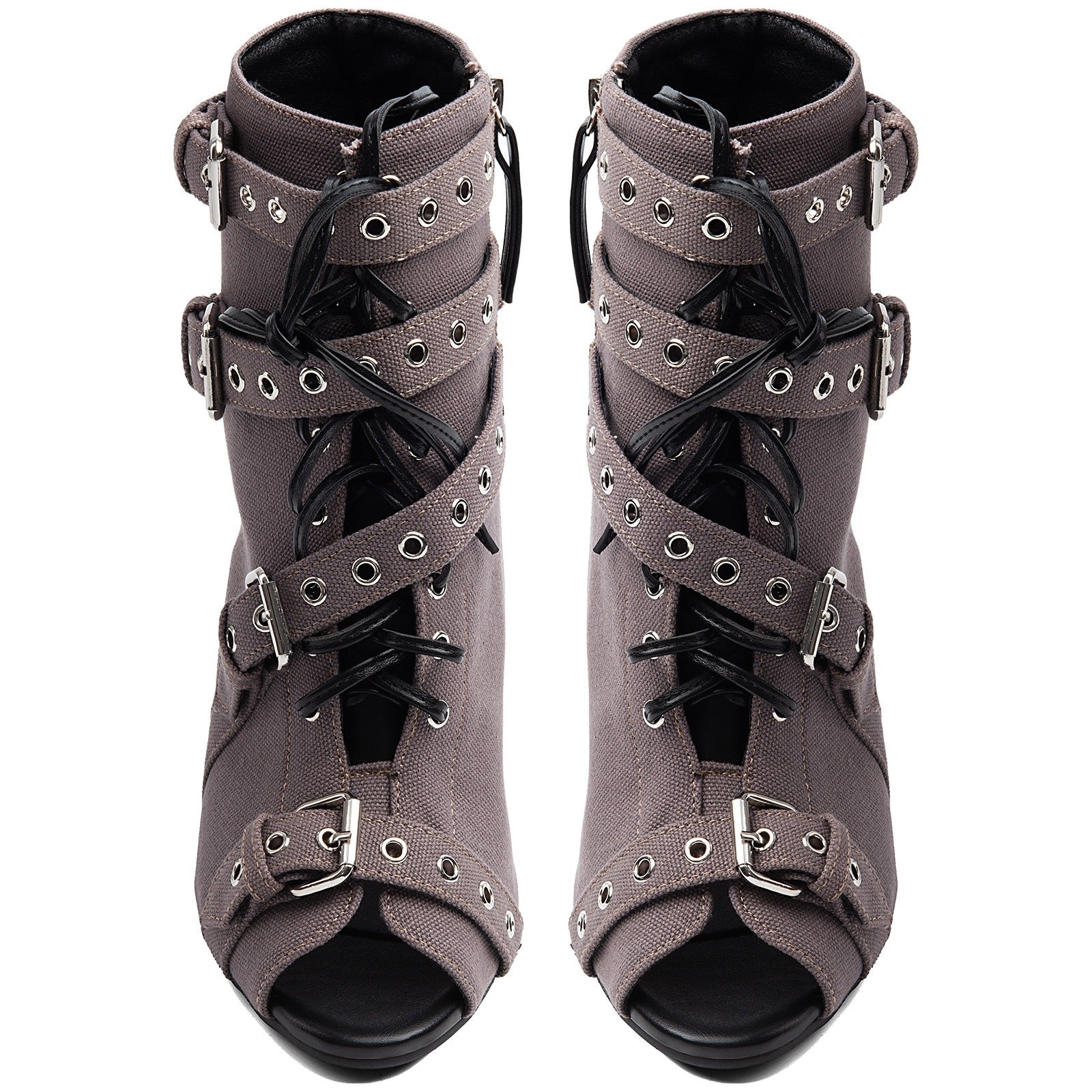 Women's Suede Peep Toe Short Boots Stiletto Heel Lace Up Ankle Booties with Buckles - Styeenigma