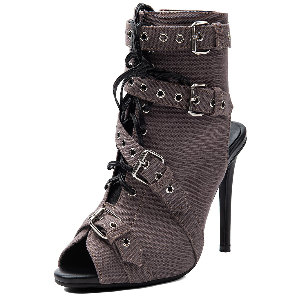 Women's Suede Peep Toe Short Boots Stiletto Heel Lace Up Ankle Booties with Buckles - Styeenigma