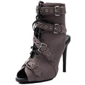 Women's Suede Peep Toe Short Boots Stiletto Heel Lace Up Ankle Booties with Buckles - Styeenigma