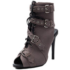 Women's Suede Peep Toe Short Boots Stiletto Heel Lace Up Ankle Booties with Buckles - Styeenigma
