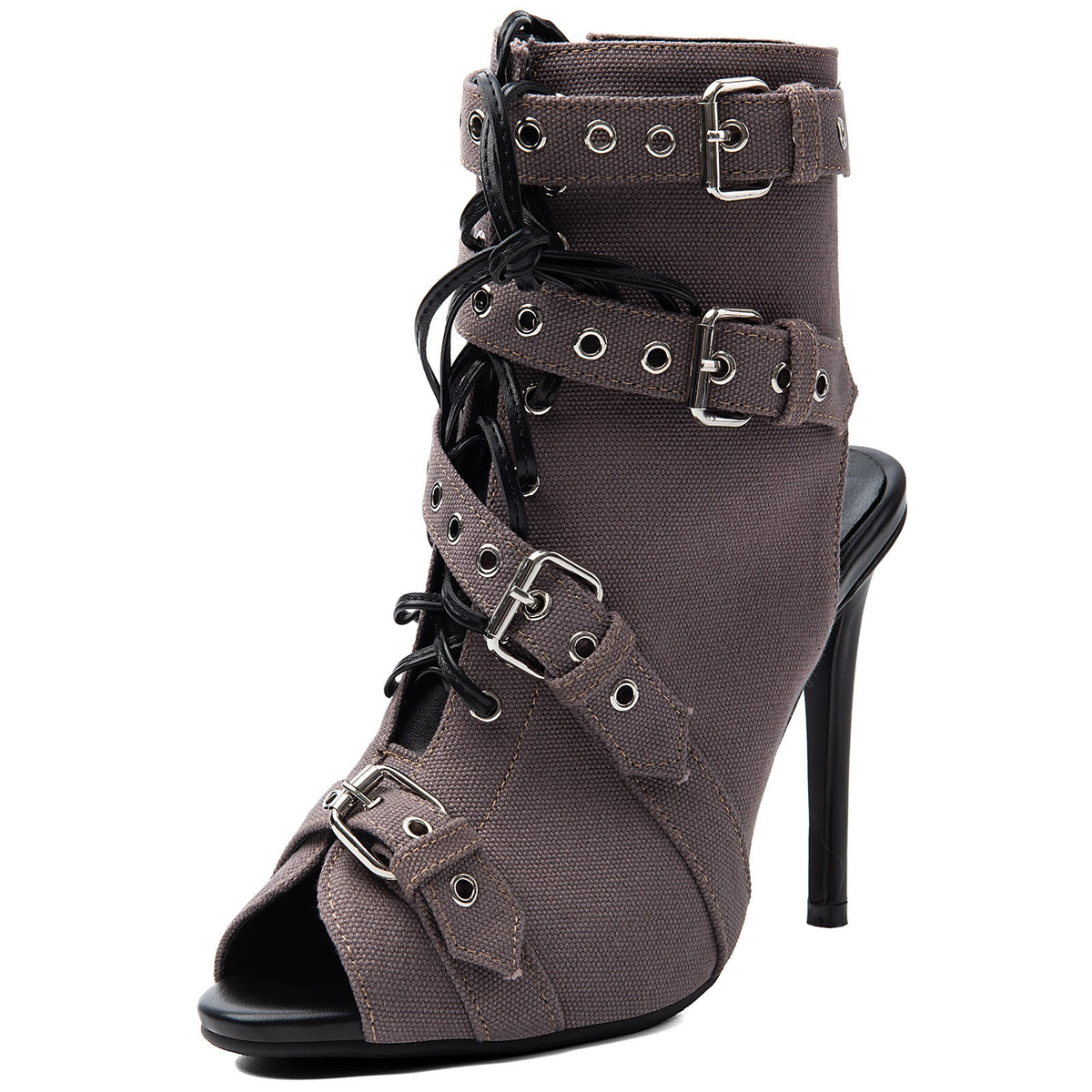 Women's Suede Peep Toe Short Boots Stiletto Heel Lace Up Ankle Booties with Buckles - Styeenigma