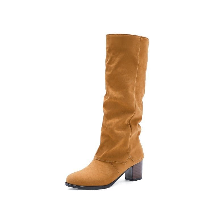 Women's Suede Slouchy Knee High Boots Chunky Block Heel Pull-On Boots - Styeenigma