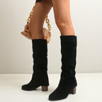 Women's Suede Slouchy Knee High Boots Chunky Block Heel Pull-On Boots - Styeenigma
