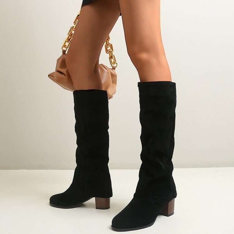 Women's Suede Slouchy Knee High Boots Chunky Block Heel Pull-On Boots - Styeenigma