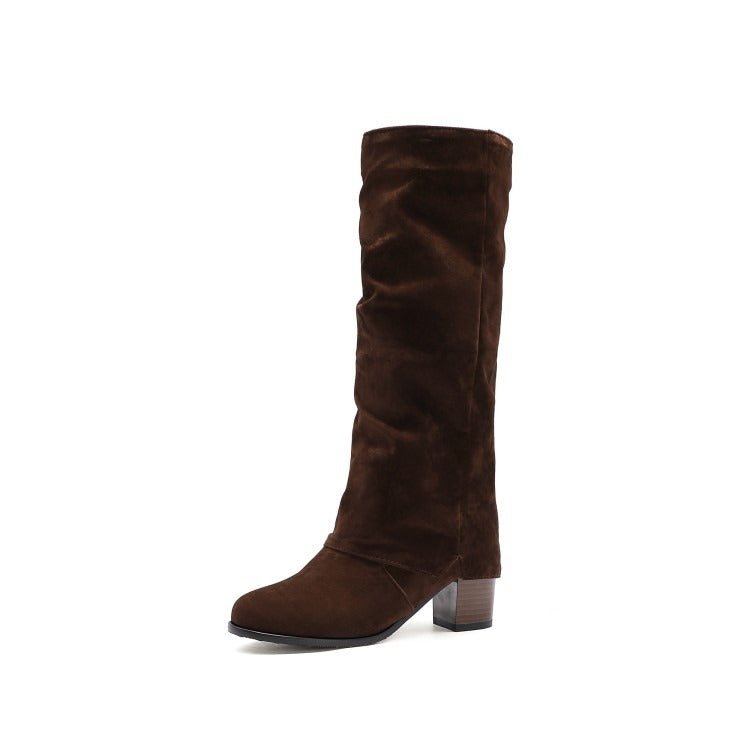 Women's Suede Slouchy Knee High Boots Chunky Block Heel Pull-On Boots - Styeenigma
