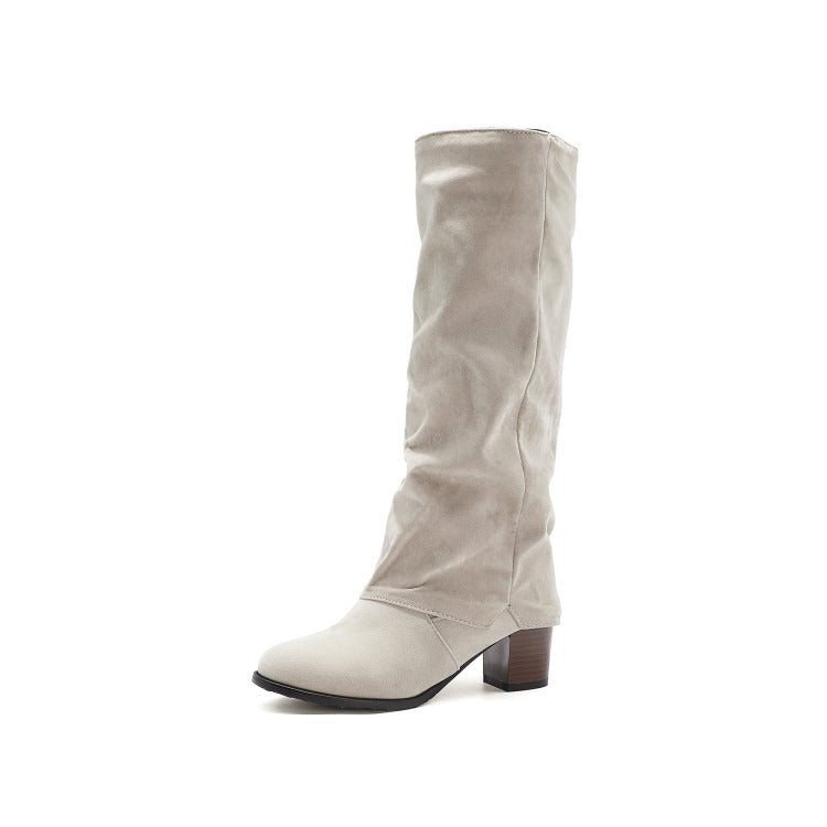 Women's Suede Slouchy Knee High Boots Chunky Block Heel Pull-On Boots - Styeenigma