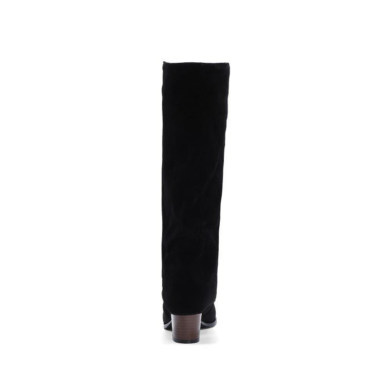Women's Suede Slouchy Knee High Boots Chunky Block Heel Pull-On Boots - Styeenigma