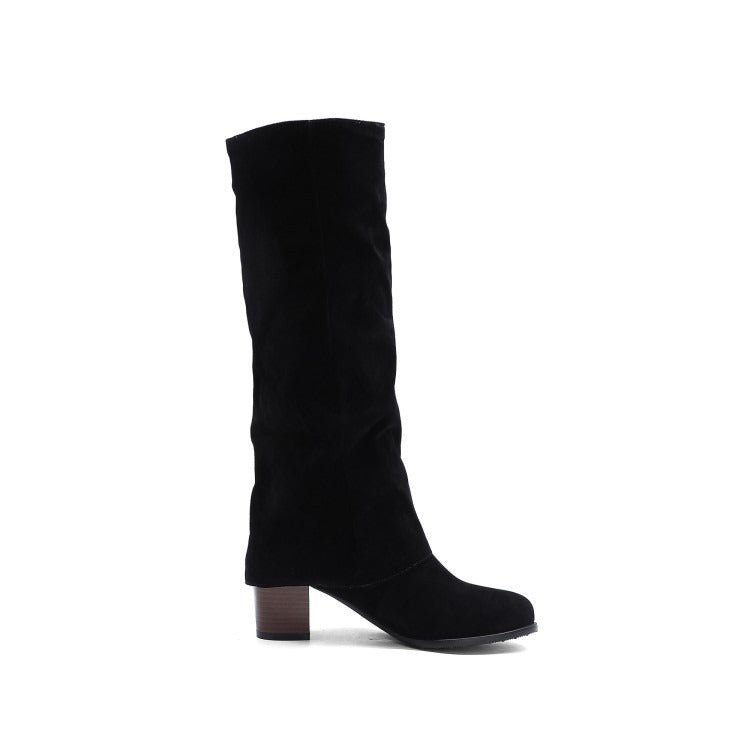 Women's Suede Slouchy Knee High Boots Chunky Block Heel Pull-On Boots - Styeenigma