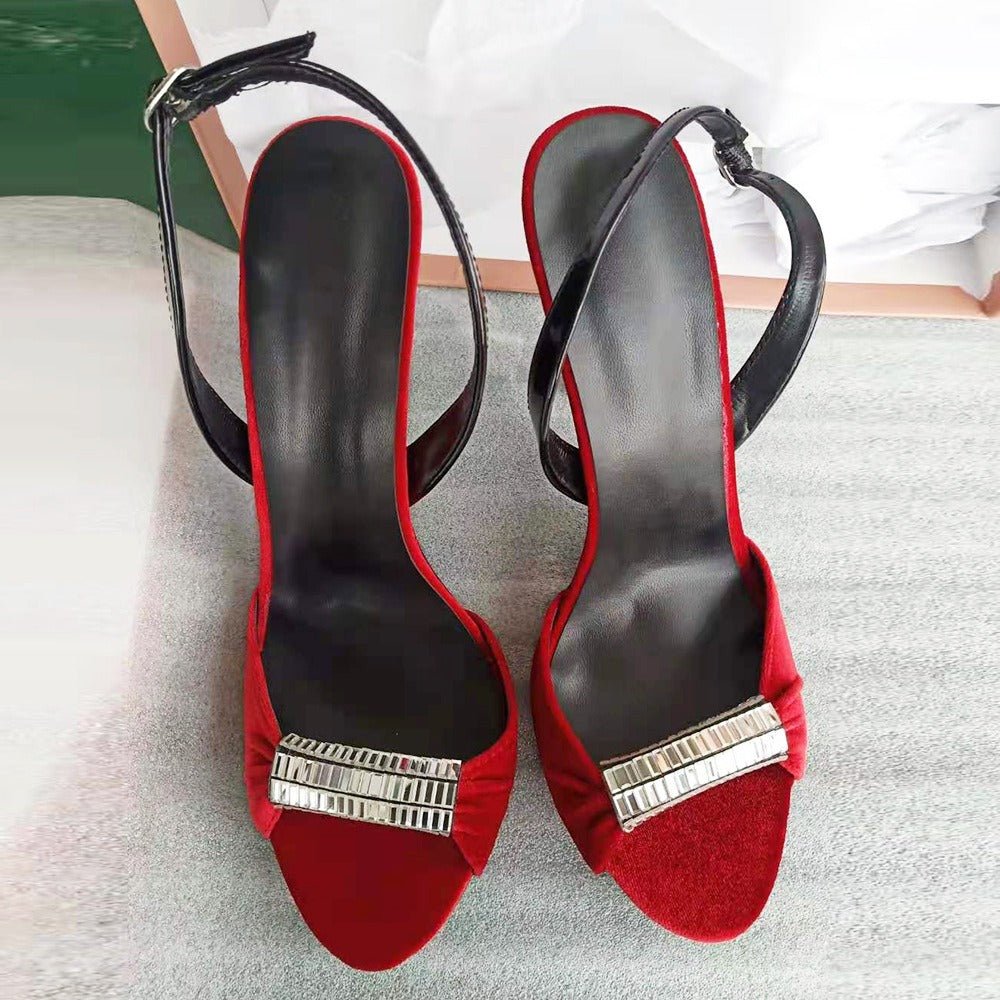 Women's Velvet Stiletto Heels Open Toe Slingback Sandals - Styeenigma