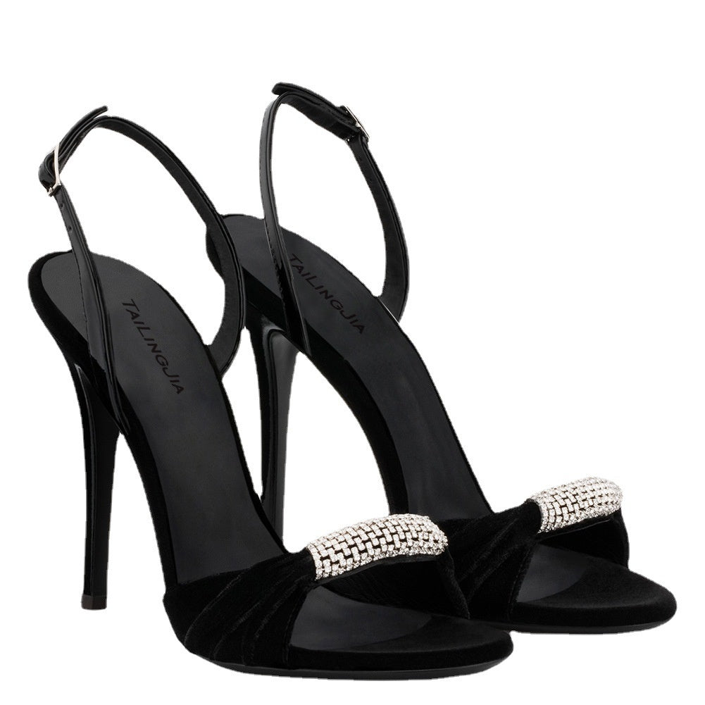 Women's Velvet Stiletto Heels Open Toe Slingback Sandals - Styeenigma