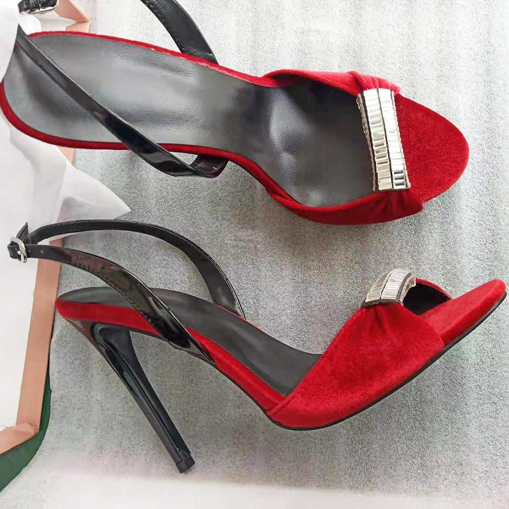 Women's Velvet Stiletto Heels Open Toe Slingback Sandals - Styeenigma