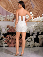 Women's White Lace Strapless Mini Dress Floral Embroidered Body-con Party Cocktail Dress