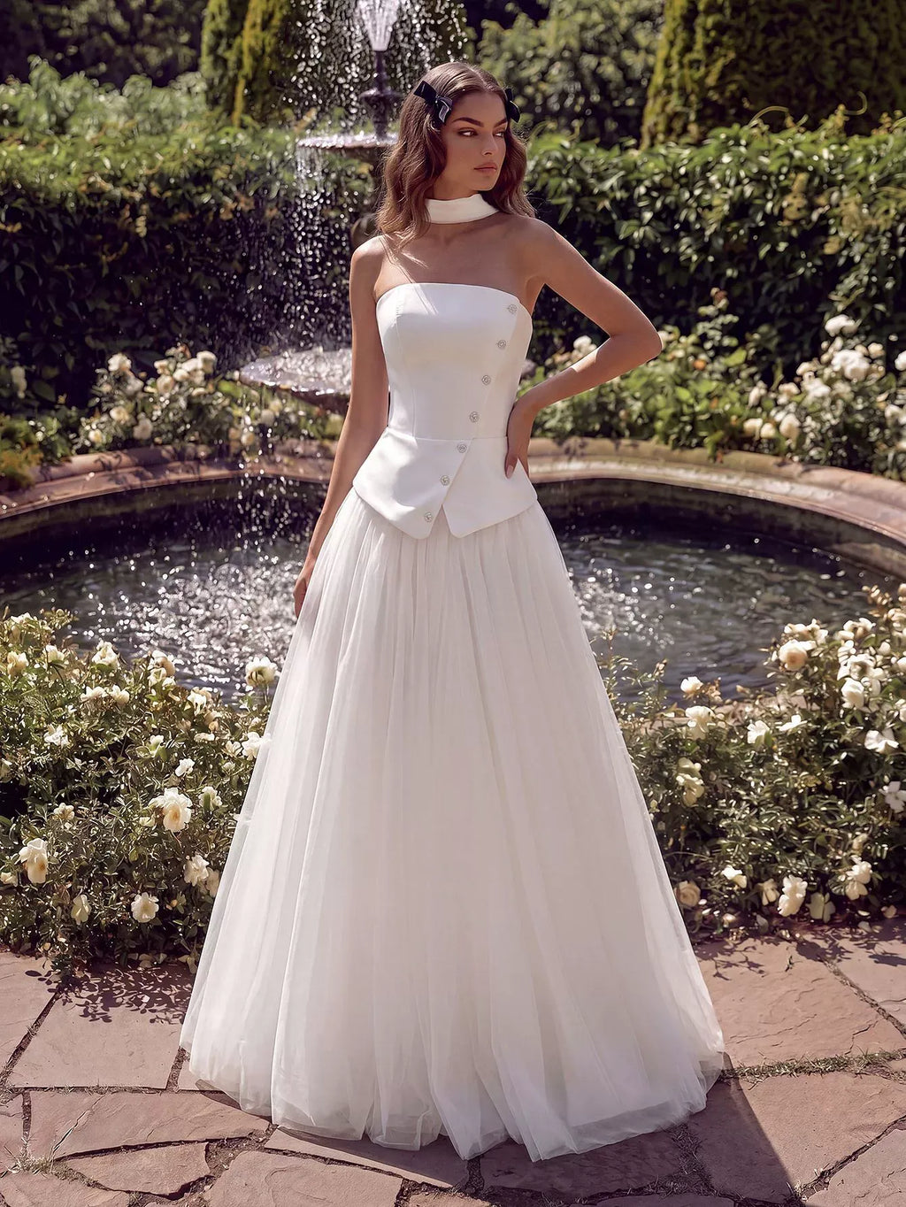 Women's White Strapless Wedding Dress Corset Bodice Tulle Ball Gown - Styeenigma