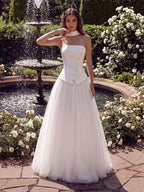 Women's White Strapless Wedding Dress Corset Bodice Tulle Ball Gown - Styeenigma