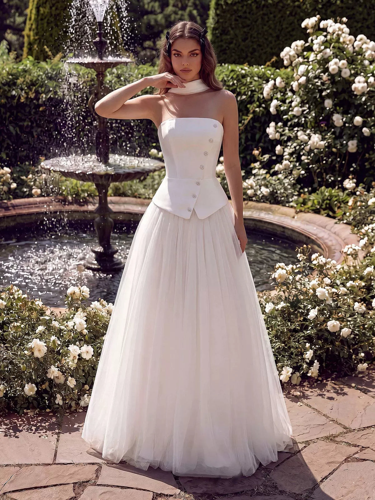 Women's White Strapless Wedding Dress Corset Bodice Tulle Ball Gown - Styeenigma