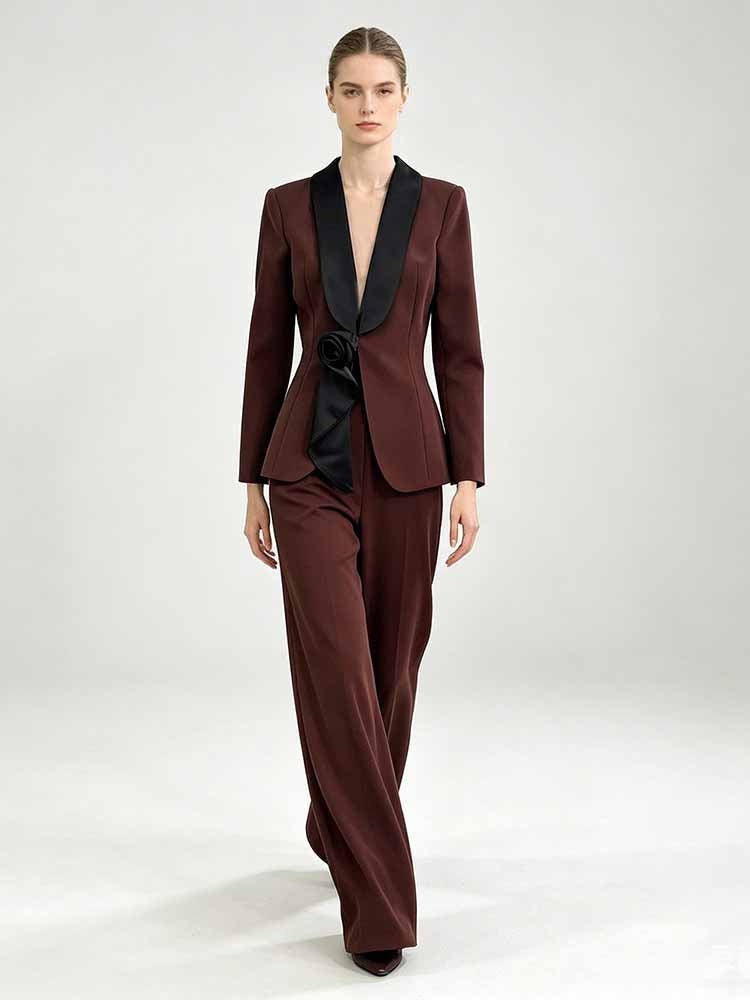 Women's Wide Leg Suit with Black Shawl Collar - Elegant Blazer Pant Set for Party & Wedding - Styeenigma