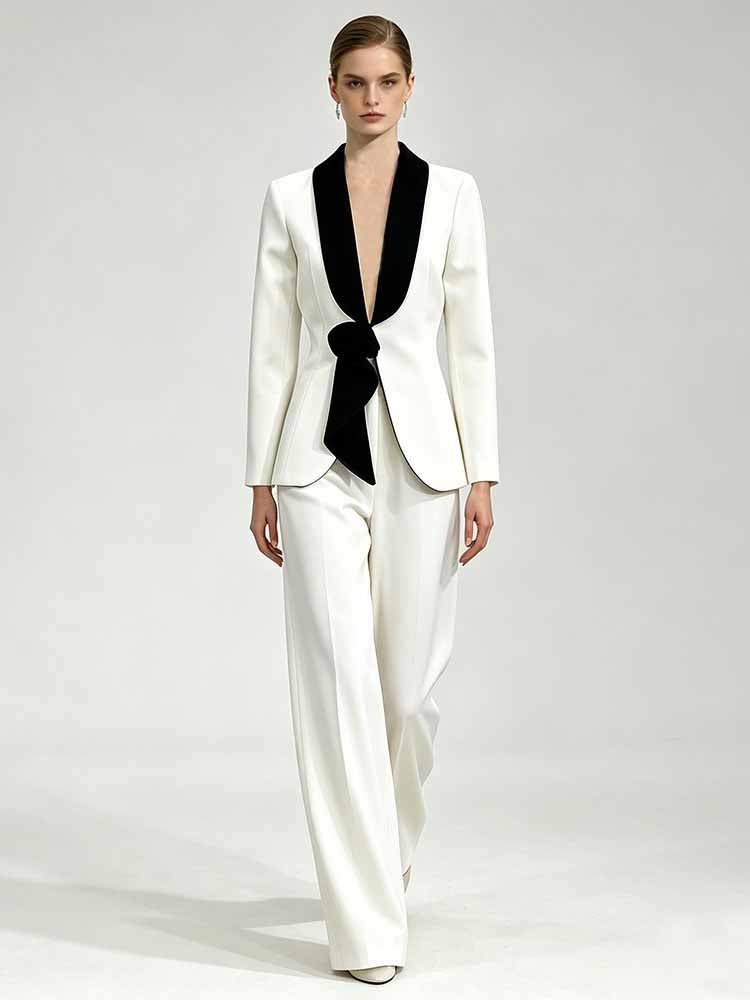Women's Wide Leg Suit with Black Shawl Collar - Elegant Blazer Pant Set for Party & Wedding - Styeenigma
