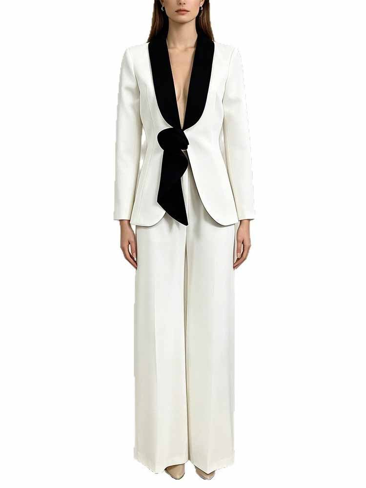 Women's Wide Leg Suit with Black Shawl Collar - Elegant Blazer Pant Set for Party & Wedding - Styeenigma