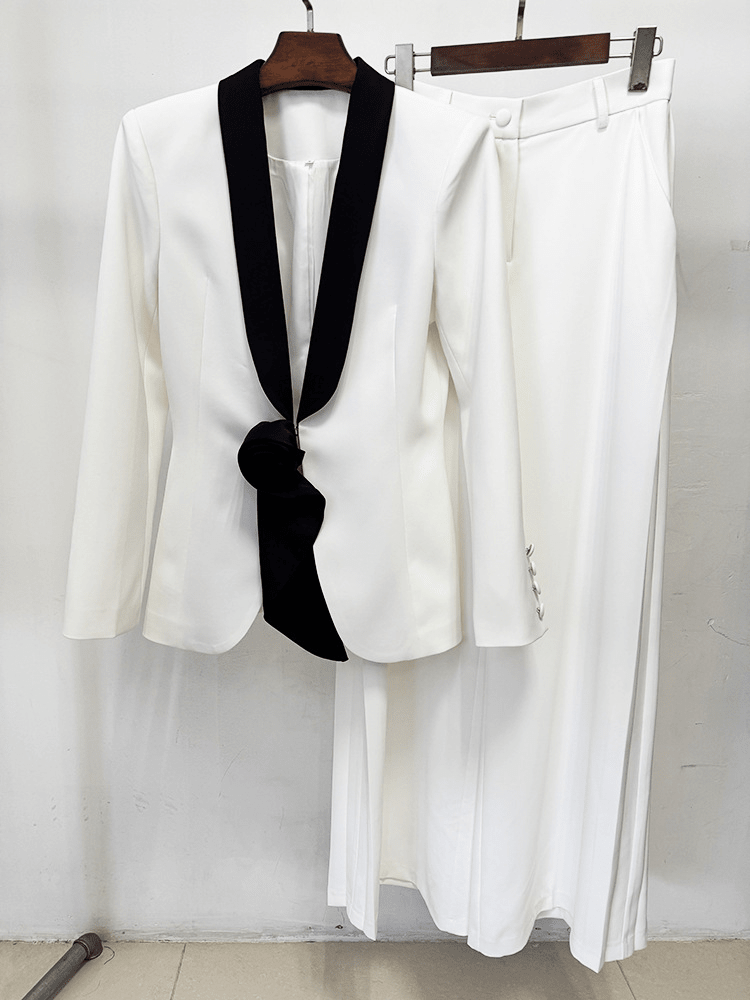 Women's Wide Leg Suit with Black Shawl Collar - Elegant Blazer Pant Set for Party & Wedding - Styeenigma