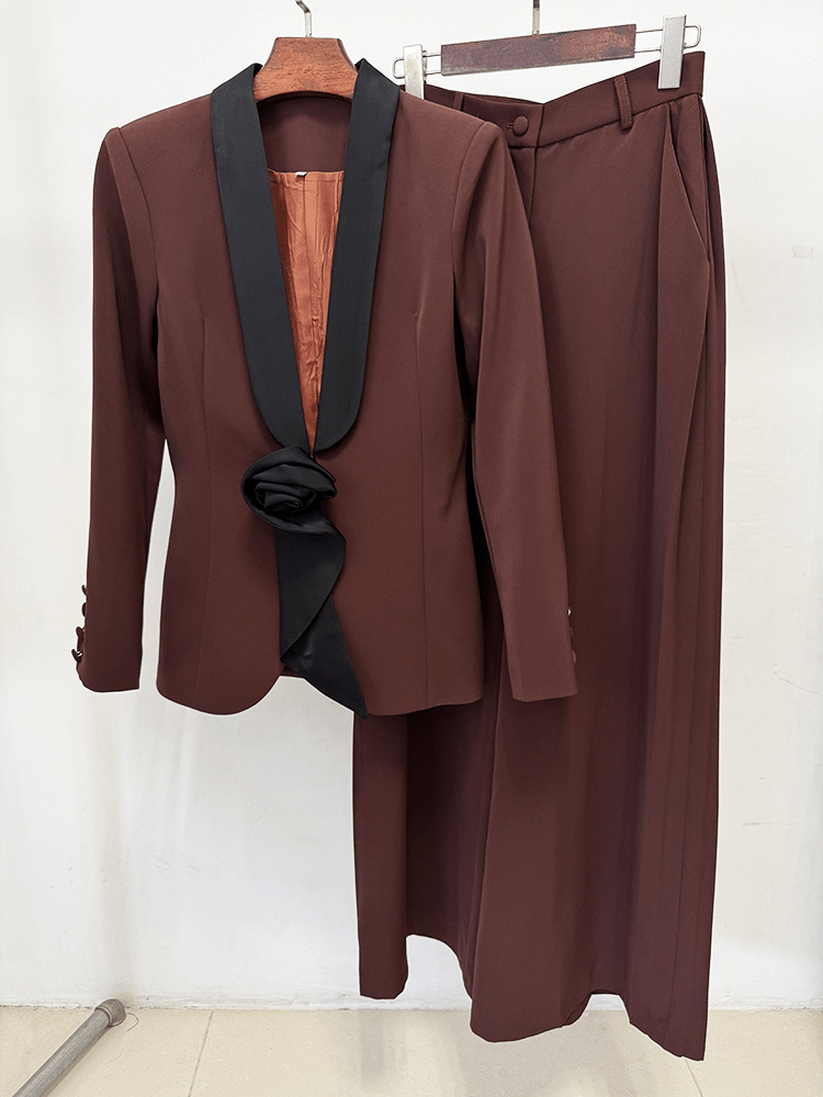 Women's Wide Leg Suit with Black Shawl Collar - Elegant Blazer Pant Set for Party & Wedding - Styeenigma