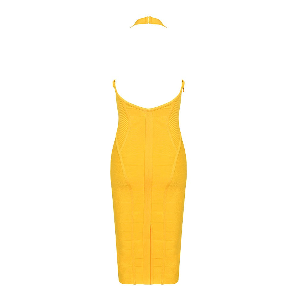 Women's Yellow Halter Neck Maxi Dress - Sleeveless Bodycon Formal Summer Dress