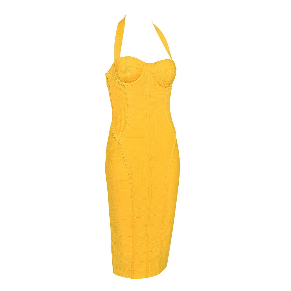 Women's Yellow Halter Neck Maxi Dress - Sleeveless Bodycon Formal Summer Dress