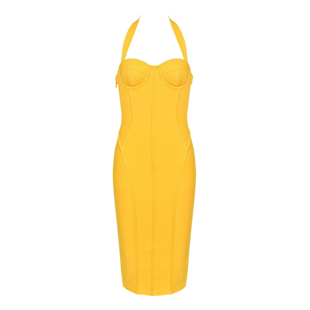 Women's Yellow Halter Neck Maxi Dress - Sleeveless Bodycon Formal Summer Dress