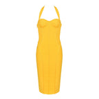 Women's Yellow Halter Neck Maxi Dress - Sleeveless Bodycon Formal Summer Dress