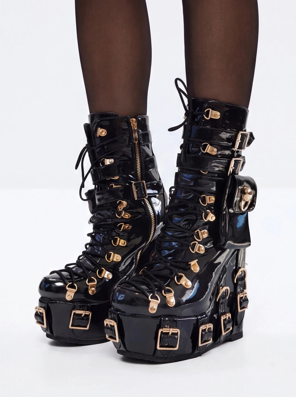 Women's Patent Leather Platform Boots - Gothic Punk Ankle Boots with Gold Buckles & Lace-Up Design | Y2K Alt-Fashion Statement Shoes - Styeenigma
